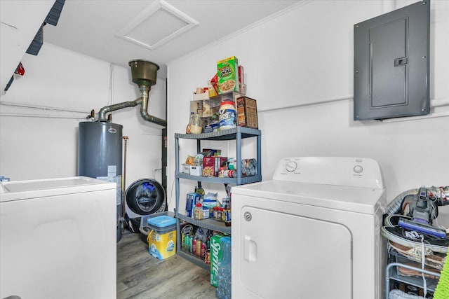 1304 Briarcliff Dr, Urbana, IL 61801 - laundry room with electric panel, wood finished floors, water heater, attic access, and washer and clothes dryer