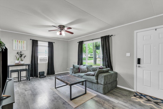 1304 Briarcliff Dr, Urbana, IL 61801 - living area featuring ceiling fan, wood finished floors, crown molding, and baseboards