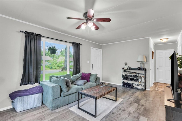 1304 Briarcliff Dr, Urbana, IL 61801 - living room with ornamental molding, wood finished floors, ceiling fan, and baseboards