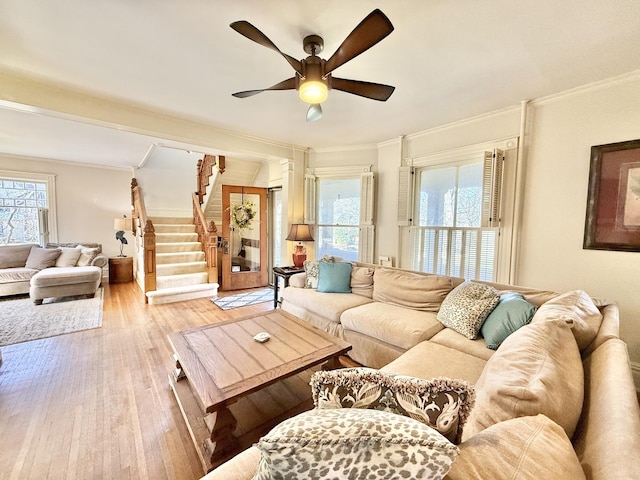 living area with crown molding, wood finished floors, and plenty of natural light