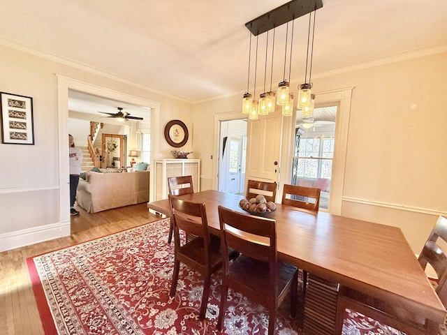 dining space with wood finished floors, ceiling fan, and crown molding