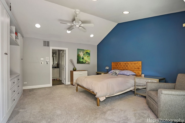 carpeted bedroom featuring visible vents, baseboards, recessed lighting, a ceiling fan, and vaulted ceiling