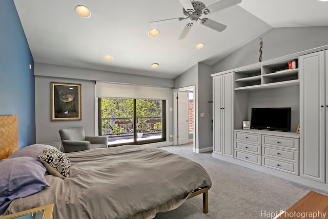 bedroom with recessed lighting, baseboards, vaulted ceiling, and light carpet
