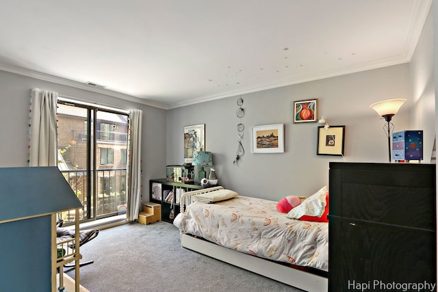 bedroom featuring carpet flooring, access to outside, visible vents, and ornamental molding