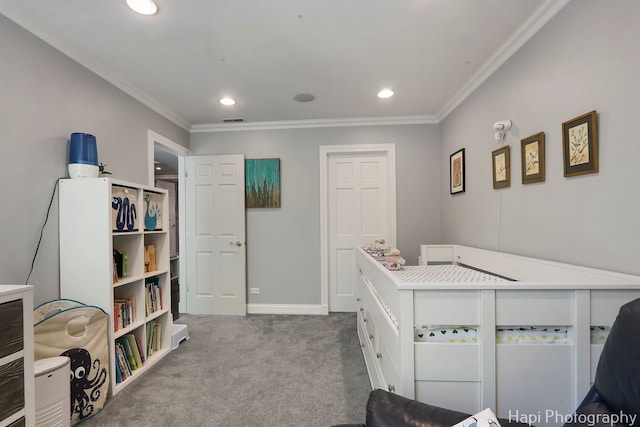 bedroom featuring carpet floors, recessed lighting, visible vents, and ornamental molding