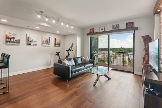 living area with baseboards, recessed lighting, and wood finished floors