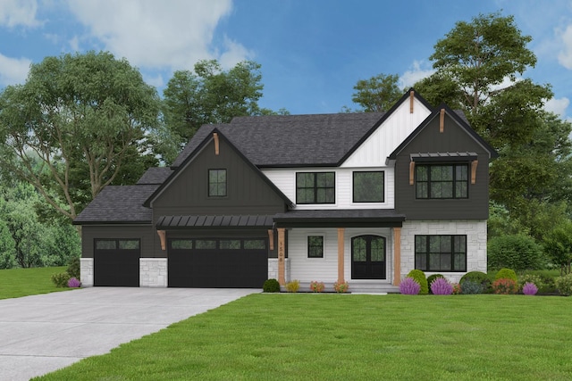 313 Lincoln St, Schaumburg, IL 60194 - modern inspired farmhouse featuring a standing seam roof, board and batten siding, a front lawn, and stone siding