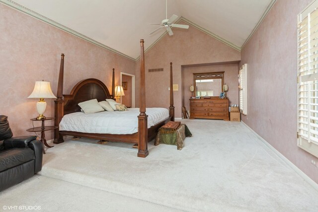 18W742 60th St, Westmont, IL 60559 - carpeted bedroom featuring visible vents, baseboards, ornamental molding, a ceiling fan, and high vaulted ceiling
