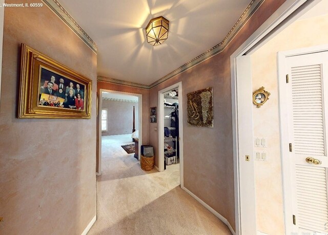 18W742 60th St, Westmont, IL 60559 - hallway featuring baseboards, crown molding, and carpet flooring