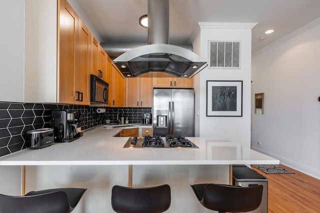 kitchen featuring light countertops, stainless steel appliances, a peninsula, island exhaust hood, and visible vents