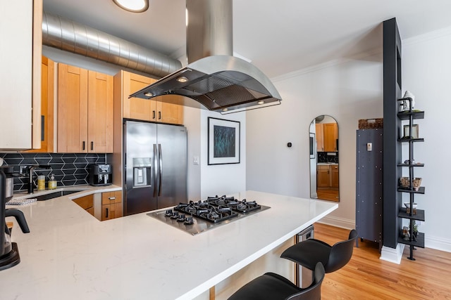 kitchen featuring light stone countertops, island range hood, a sink, backsplash, and stainless steel appliances