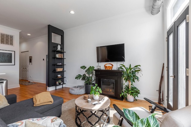 living room featuring crown molding, plenty of natural light, a glass covered fireplace, and wood finished floors