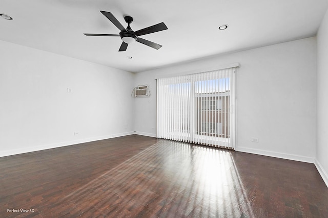 empty room with wood finished floors, baseboards, ceiling fan, recessed lighting, and a wall mounted AC