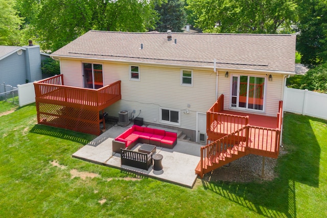 24221 S Edwin Dr, Channahon, IL 60410 - rear view of house with an outdoor hangout area, a patio area, a deck, a fenced backyard, and a shingled roof