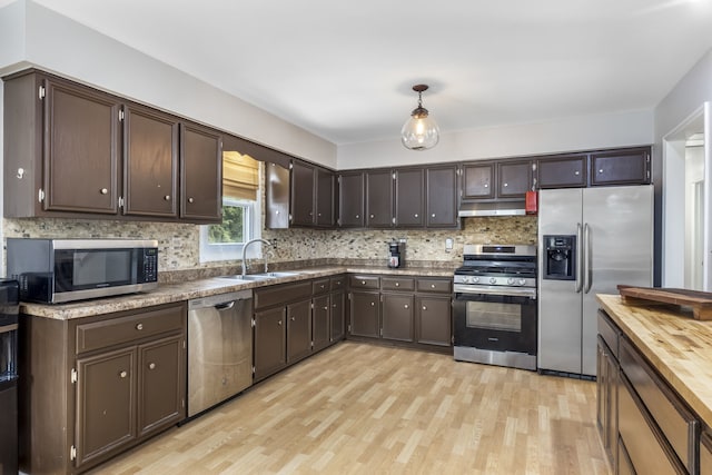 24221 S Edwin Dr, Channahon, IL 60410 - kitchen featuring appliances with stainless steel finishes, under cabinet range hood, light wood-type flooring, and dark brown cabinetry