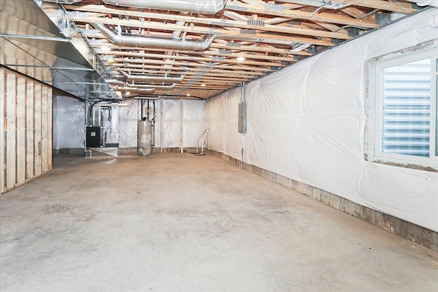basement with heating unit and water heater