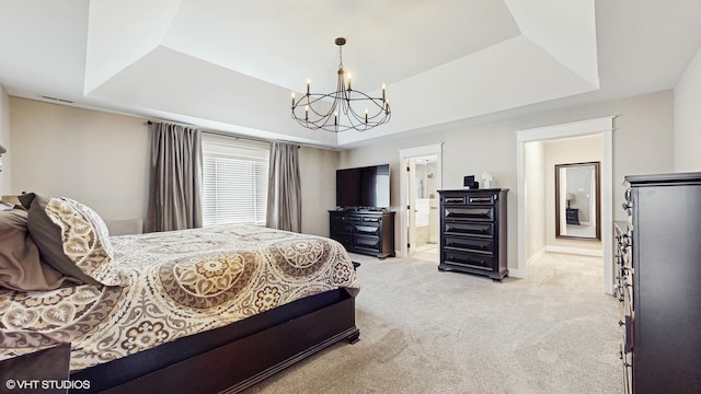 11050 Deer Haven Ln, Orland Park, IL 60467 - bedroom featuring a chandelier, light carpet, a tray ceiling, baseboards, and ensuite bath