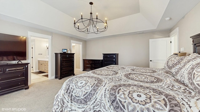 11050 Deer Haven Ln, Orland Park, IL 60467 - bedroom with a chandelier, light carpet, a raised ceiling, and ensuite bathroom