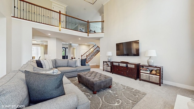 11050 Deer Haven Ln, Orland Park, IL 60467 - living room with stairs, carpet flooring, baseboards, and a towering ceiling