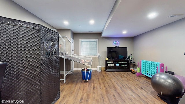 11050 Deer Haven Ln, Orland Park, IL 60467 - exercise area with wood finished floors, baseboards, and recessed lighting