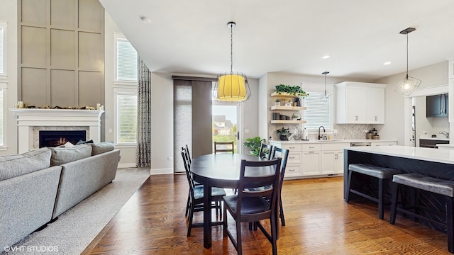 11050 Deer Haven Ln, Orland Park, IL 60467 - dining room featuring wood finished floors, a large fireplace, recessed lighting, and baseboards