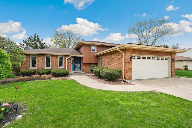 view of front facade with an attached garage, driveway, brick siding, and a front yard