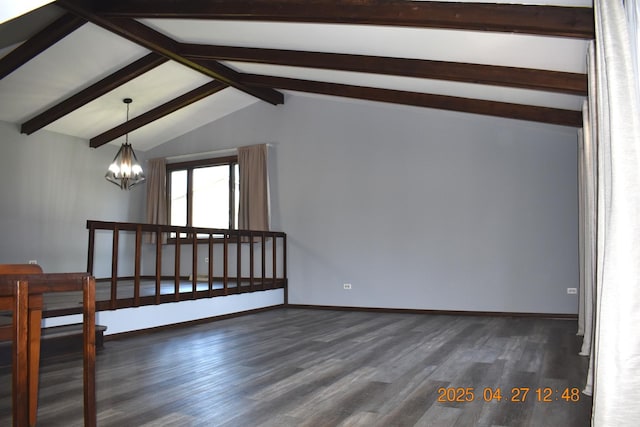 bonus room with an inviting chandelier, lofted ceiling with beams, baseboards, and dark wood-style floors