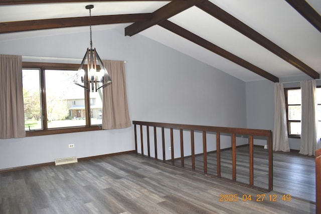 bonus room featuring visible vents, lofted ceiling with beams, dark wood-style flooring, and an inviting chandelier