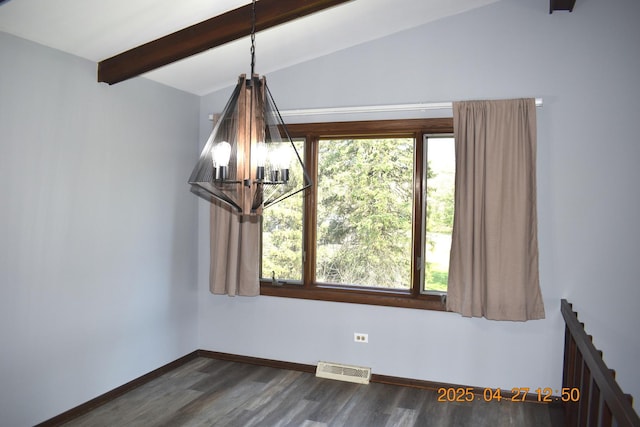 unfurnished dining area with dark wood-style flooring, a notable chandelier, baseboards, vaulted ceiling with beams, and visible vents