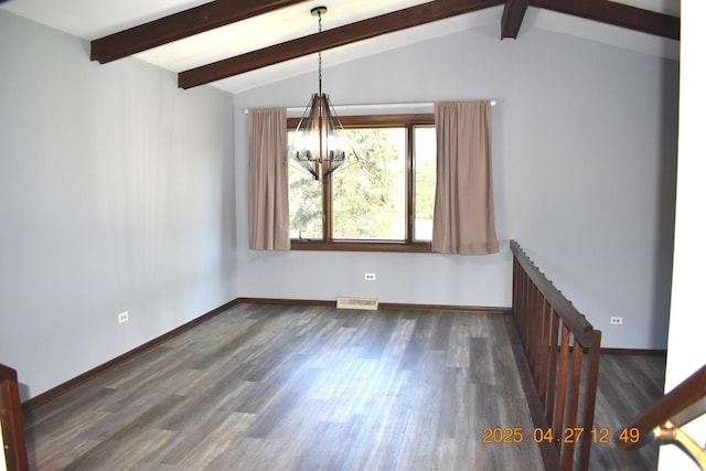 unfurnished dining area with visible vents, wood finished floors, baseboards, lofted ceiling with beams, and a notable chandelier