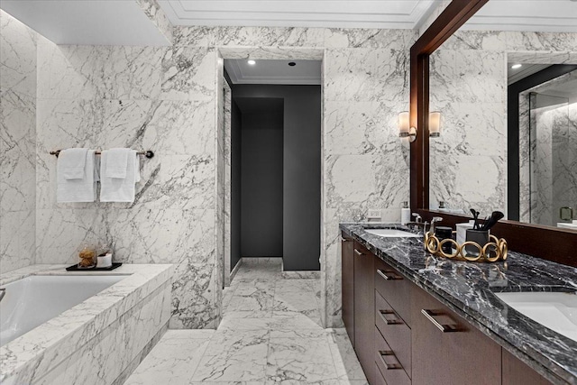 159 E Walton Pl Unit 5G, Chicago, IL 60611 - full bath featuring a garden tub, double vanity, ornamental molding, marble tiled floors, and a marble finish shower