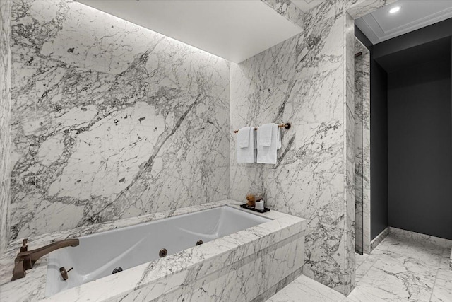 159 E Walton Pl Unit 5G, Chicago, IL 60611 - bathroom with ornamental molding, a whirlpool tub, and marble tiled flooring