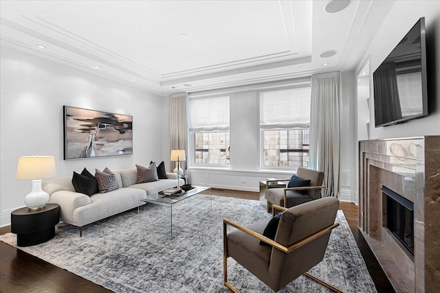 159 E Walton Pl Unit 5G, Chicago, IL 60611 - living room with a raised ceiling, wood finished floors, and a fireplace