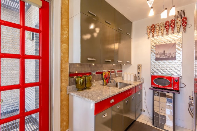 1755 E 55th St Unit 1102, Chicago, IL 60615 - kitchen with tasteful backsplash, tile patterned floors, light countertops, a sink, and wine cooler