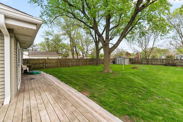 view of yard featuring a storage unit, a wooden deck, and an outdoor structure