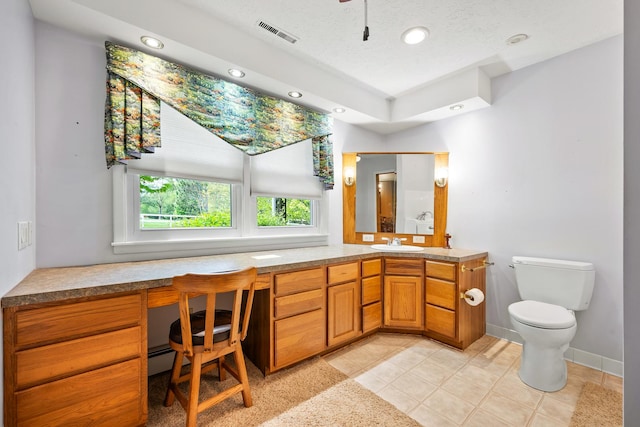bathroom featuring tile patterned flooring, vanity, toilet, recessed lighting, and visible vents