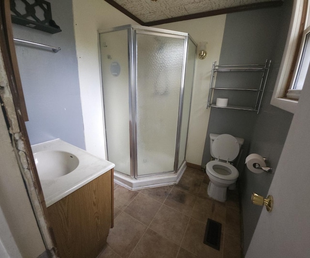 303 S Spruce St, Villa Grove, IL 61956 - bathroom featuring a stall shower, tile patterned flooring, vanity, and toilet