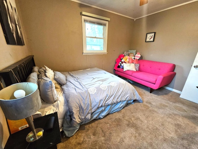 carpeted bedroom featuring ornamental molding