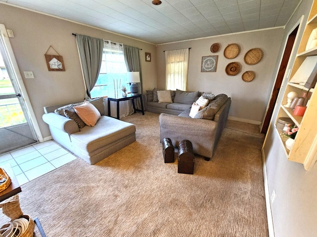 carpeted living area with crown molding