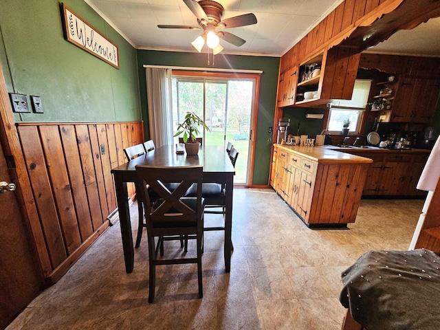 dining space with ornamental molding, a wainscoted wall, ceiling fan, and wood walls