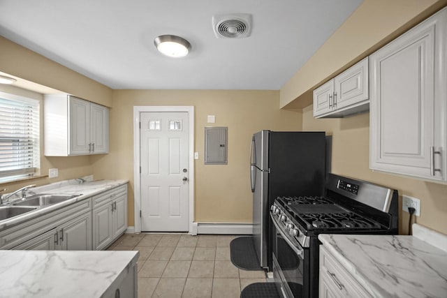 405 E 109th St Unit 203, Chicago, IL 60628 - kitchen featuring stainless steel gas range oven, electric panel, a baseboard heating unit, and white cabinets
