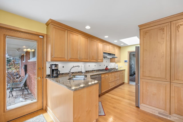 kitchen with dark stone counters, a sink, stainless steel appliances, under cabinet range hood, and a peninsula