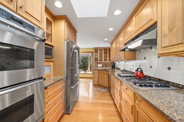 kitchen featuring tasteful backsplash, glass insert cabinets, under cabinet range hood, appliances with stainless steel finishes, and light wood-type flooring