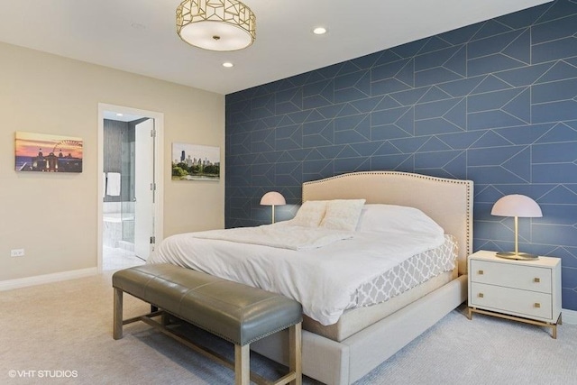 bedroom with tile walls, baseboards, ensuite bathroom, carpet flooring, and recessed lighting