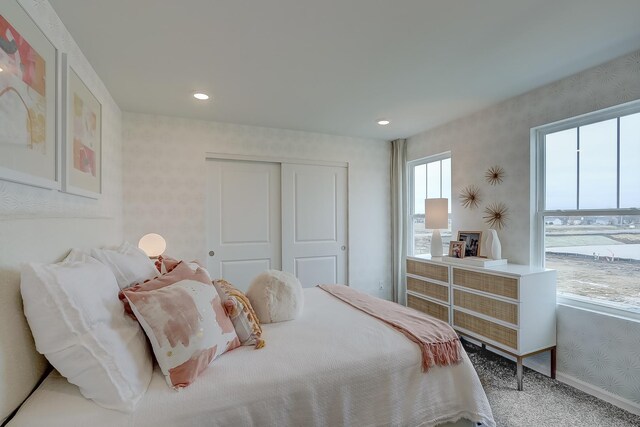800 Cloverleaf Dr, Marengo, IL 60152 - bedroom featuring wallpapered walls, carpet floors, a closet, and recessed lighting