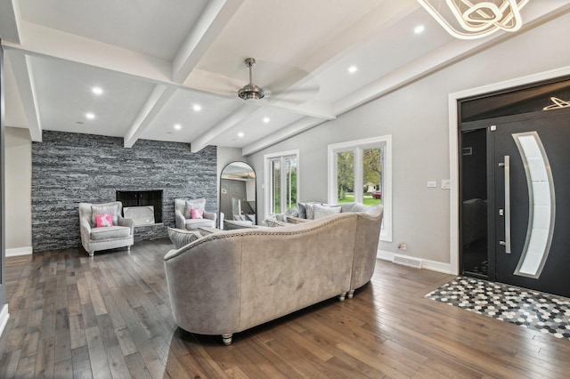 11702 Center Dr, Lemont, IL 60439 - living room with baseboards, dark wood finished floors, recessed lighting, and ceiling fan with notable chandelier