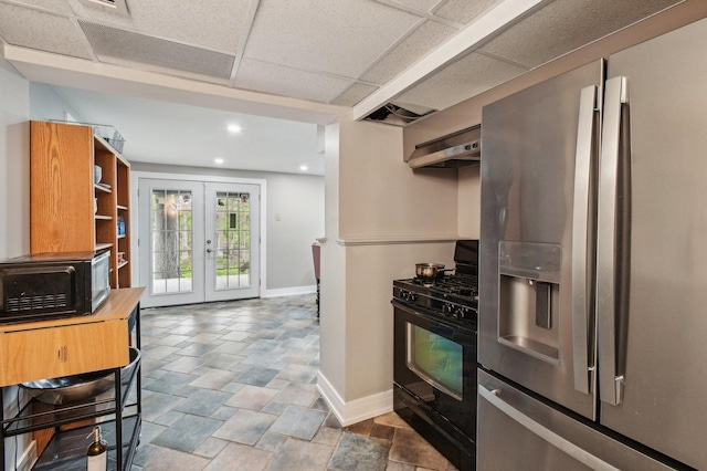11702 Center Dr, Lemont, IL 60439 - kitchen featuring french doors, open shelves, black appliances, stone finish floor, and baseboards