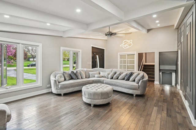 11702 Center Dr, Lemont, IL 60439 - living area featuring dark wood finished floors, stairway, ceiling fan, beamed ceiling, and baseboards
