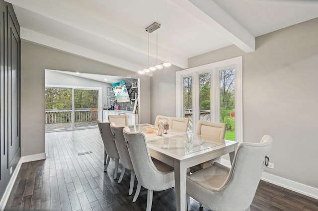 11702 Center Dr, Lemont, IL 60439 - dining space with dark wood finished floors, baseboards, and beamed ceiling