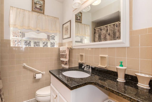 7313 W Howard Ave, Chicago, IL 60631 - bathroom featuring vanity, toilet, a shower with shower curtain, and tile walls